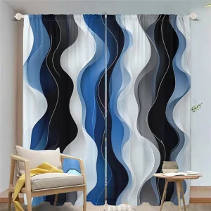 3D Blue White Black Abstract Wave Curtains 2Pcs Set