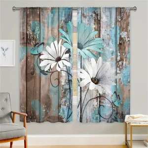 2Pcs Wooden Style Floral Daisy Butterfly Curtains