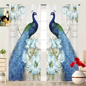 2Pcs Elegant Blue White Peacock Floral Pattern Curtains