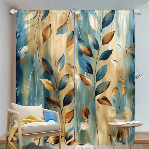 2Pcs Set Abstract Blue Brown 3D Leaf Pattern Curtains