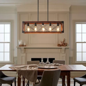 Industrial Farmhouse Wood with Iron Frame Rectangle Pendant Light