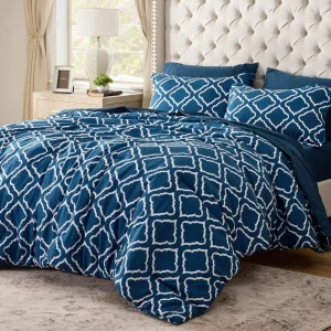 Bedsure 7 Pcs - Navy Blue Quatrefoil Pattern Duvet Cover Set