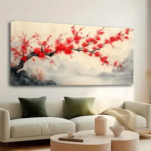 Chinese "Pink Plum" Mural, Canvas Painting Wall Hanging