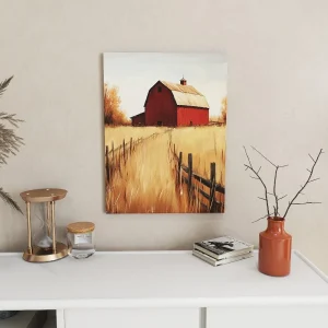 Red Farmhouse Canvas Landscape Painting, Wall Decoration