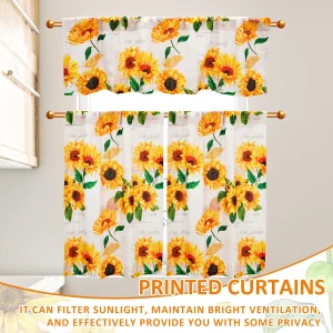 3Pcs Light Filtering Sunflower Kitchen Curtain Set
