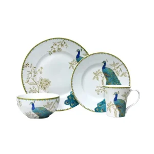 Peacock Garden 16-Pc Porcelain Dinnerware Set, Blue/Gold/White